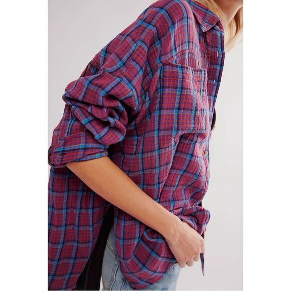 Free People Oversized Bohemian Grunge Fall Cardiff Plaid Swing Top Shirt Small - Picture 9 of 14